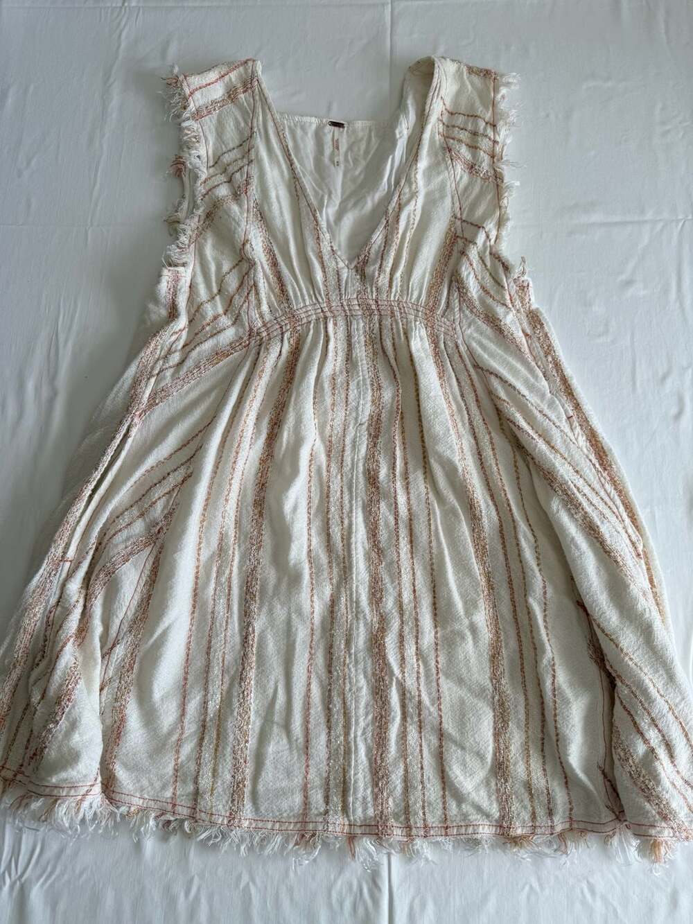 Free People Nikol Dress Size M White Combo Striped Raw Edge Boho cottagecore